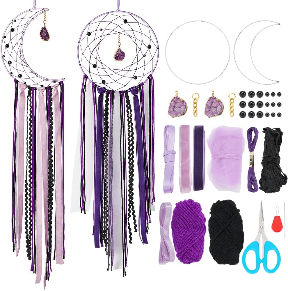 2 Set DIY Pink Moon Lace Gothic Dream Catcher Kit, Boho Handmade Dreamcatcher Kit for Wall Decor Women Gift Moon Sun DIY Gifts for Bedroom, Livingroom Christmas 7.87x32.68(20x83cm)