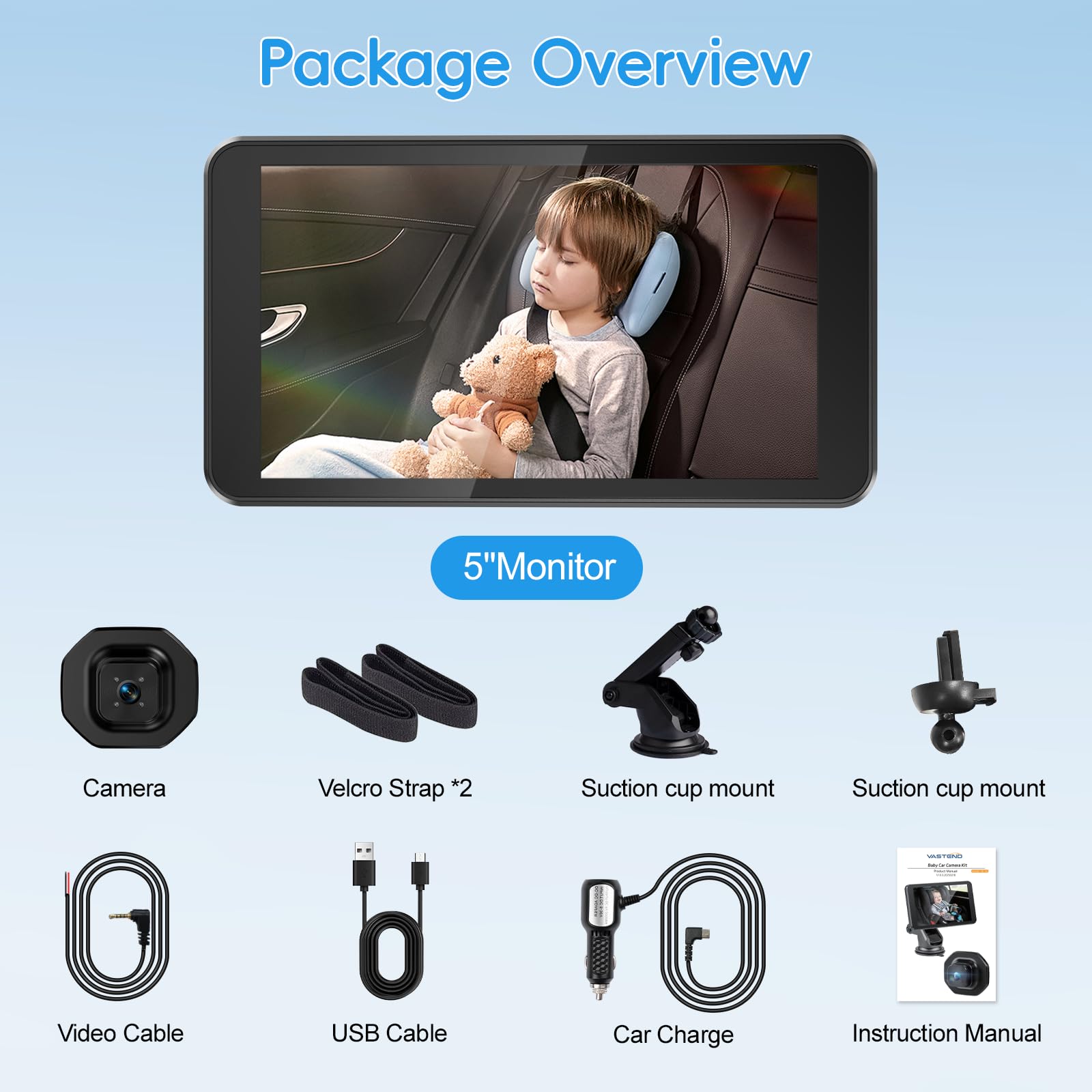 Caméra de Voiture pour Bébé, 5" 1080P Bébé Voiture Retroviseur Moniteur avec Vision Nocturne, 170° Large Vision, Installation Facile, pour Les Fants, Les Enfants(Supporte 1 Caméra)