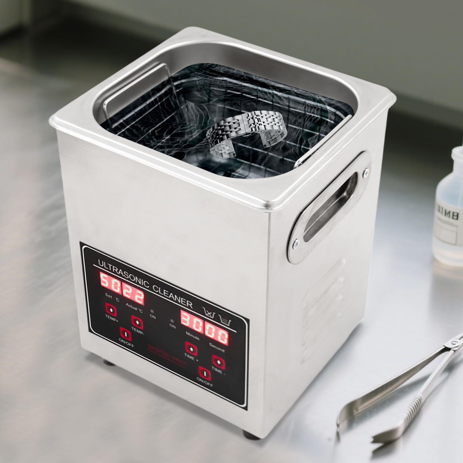 Pulitore a ultrasuoni, 40 kHz, 2 l, in acciaio inox, con riscaldamento e