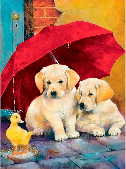 MXJSUA 5D Diamond Painting Kits Full Drill Round Drill Dogs with Umbrella Duck DIY Diamond Painting Arts Craft Canvas with DMC Diamond Pictures Arts Craft for Home Wall Decor 30x40cm