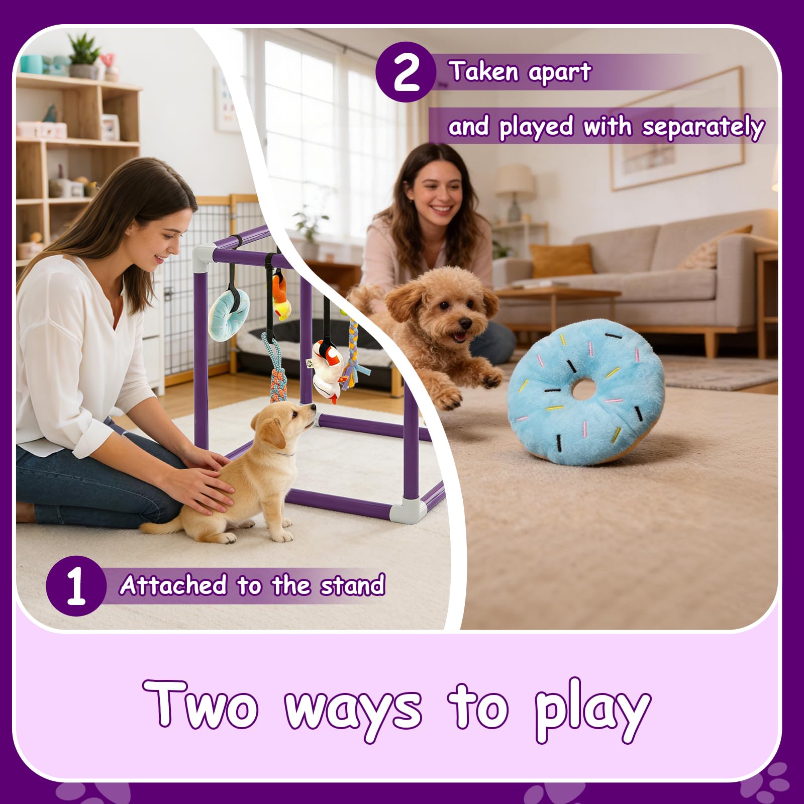 Estudio de juegos para cachorros con 8 juguetes colgantes, marco de PVC morado, centro de actividades para perros pequeños, estudio de juegos para cachorros para perros pequeños, paraíso con
