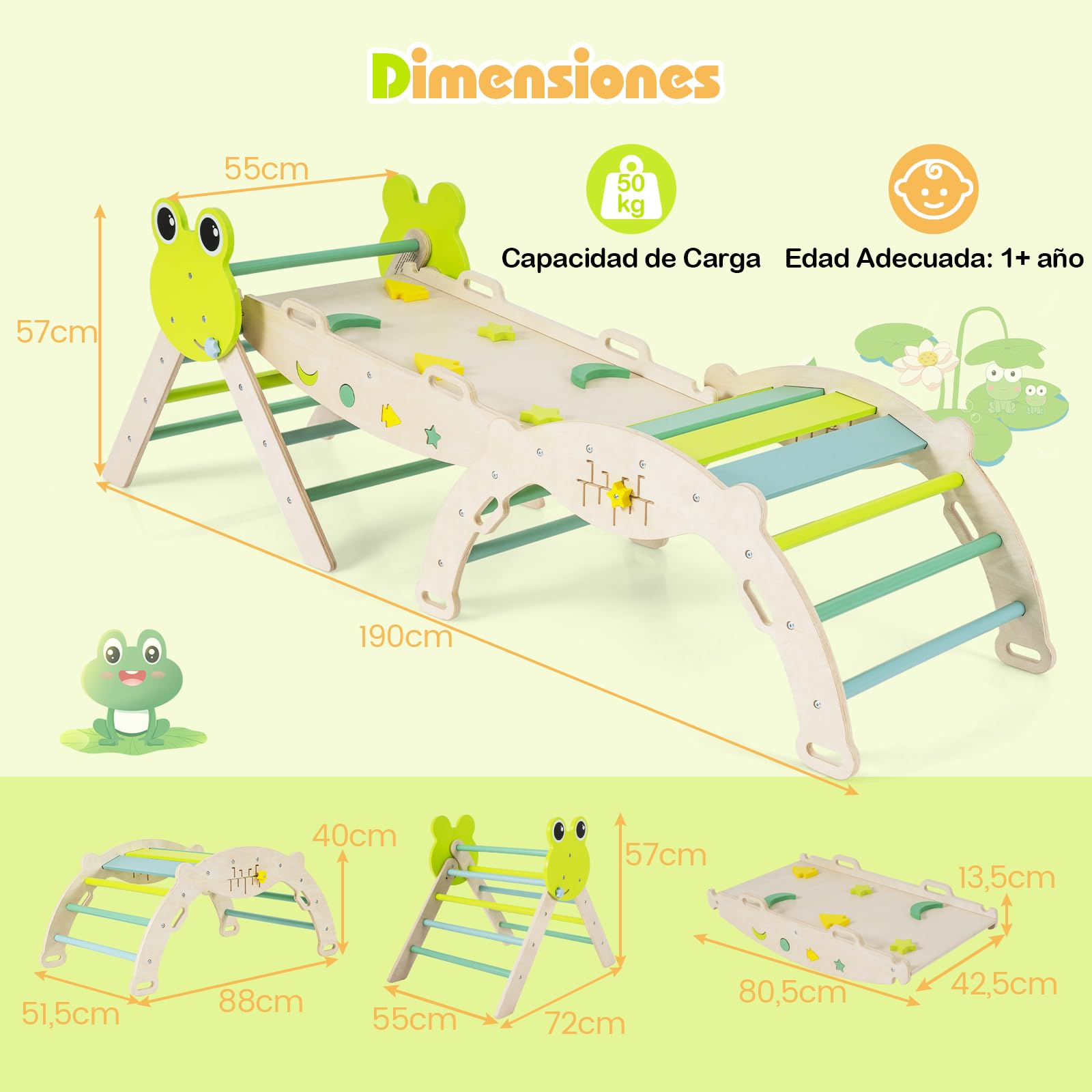 COSTWAY Triángulo de Escalada Interior, Estructura de Escalada Plegable con Tobogán, Arco de Escalar, Triángulo de Madera para Niños de 1+ año (Rana-3 Piezas,Verde)