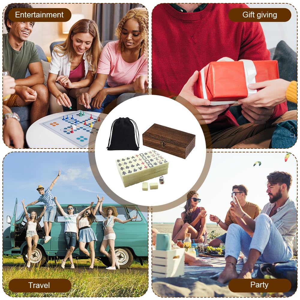 Mini Mahjong Set, 144 Stück Portable Traditionelles Chinesisches Majong Set, Mahjong Steine mit Edler Holzkiste, Traditionelles MahjongSpielset, Für Party Tischspiele für Erwachsene