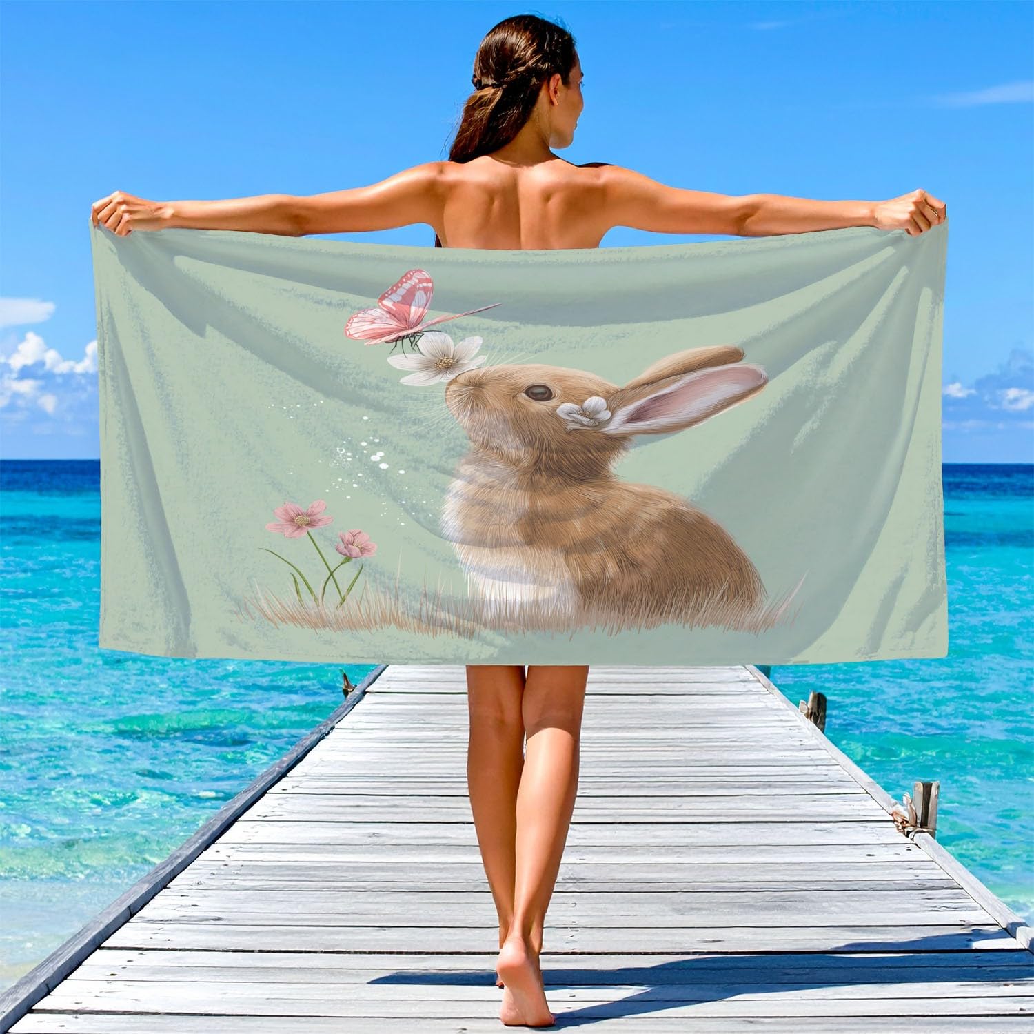 Serviette de Plage Microfibre 180 x 100 CM,Drap de Plage Hyperréaliste, Féerique, Doux, Couverture de Plage Absorbante,Couverture de Bain Papillons, Petits Lapins