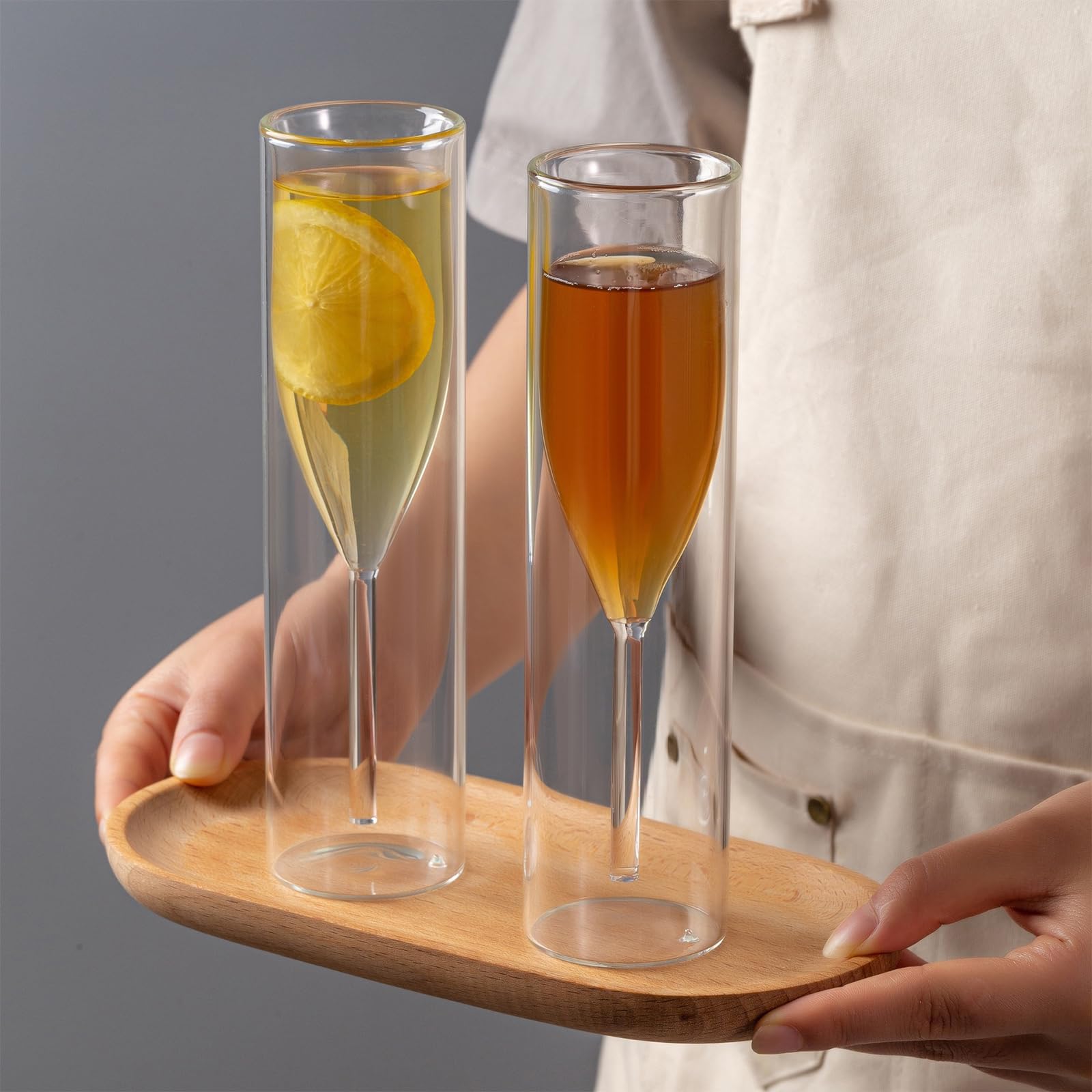 soulnioi Double Walled Crystal Champagne Flute Glasses, Tulip Shaped Stemless Clear Tall Glass Cups, Toasting Glasses for Catering, Weddings, Parties, Bars (2pc)