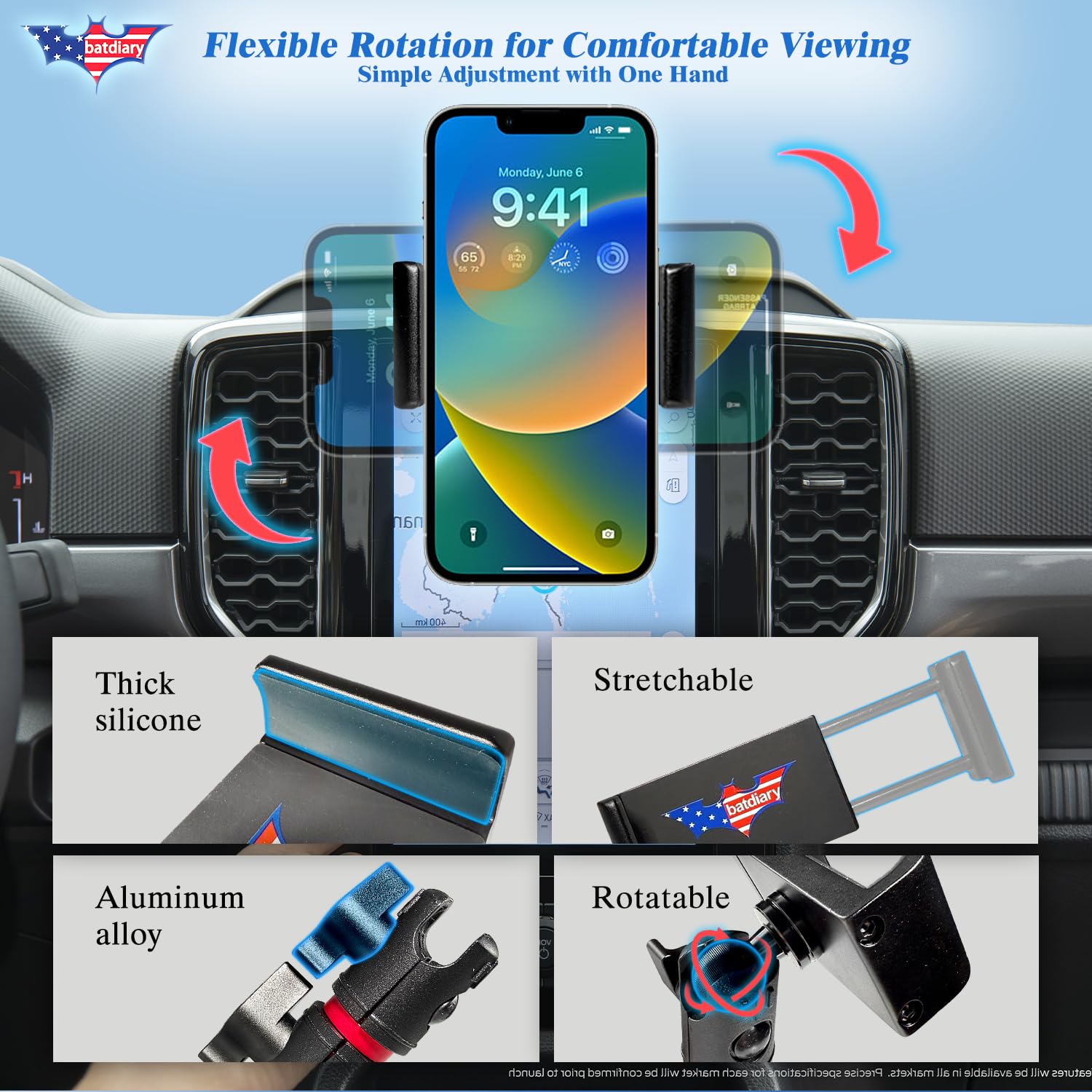 2025 Ranger Vent uchwyt na telefon do 2024 2025 2026 Ford Ranger akcesoria | aluminiowy teleskopowy uchwyt na telefon | gruby uchwyt samochodowy przyjazny dla obudowy do iPhone'a 16/15 Pro