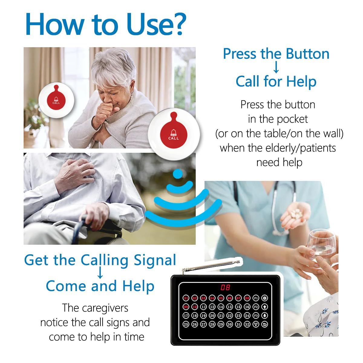 Sistema di chiamata Wireless Caregiver Pager Nurse Alert System SOS Call Bell Button Alarm per ristorante ospedale clinica Caregiver infermiera con 1 ricevitore 20 pulsante di chiamata