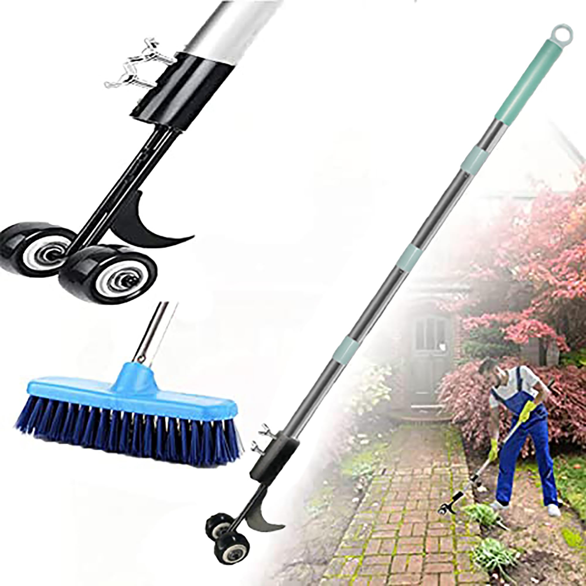 Miaoma Bristle Brush Scraper Set 125Cm Patio Weed Remover Tool Stiff Bristle Brush Scraper Set With 125 Cm Long Handle Hook Weeder Without Kneeling With Wheels Remove Weeds Moss From Block Plaster