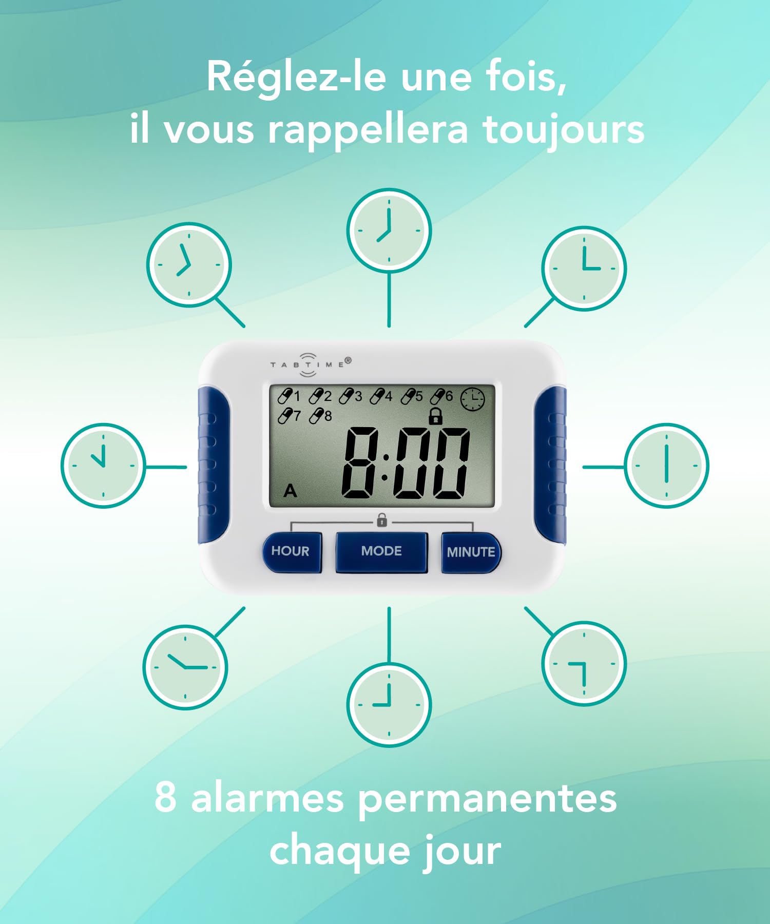 TabTime Timer (mode d'emploi en Français), Multi-alarmes de rappel à medicaments, jusqu'à 8 alarmes journalières, outil indispensable pour les personnes atteintes de Parkinson