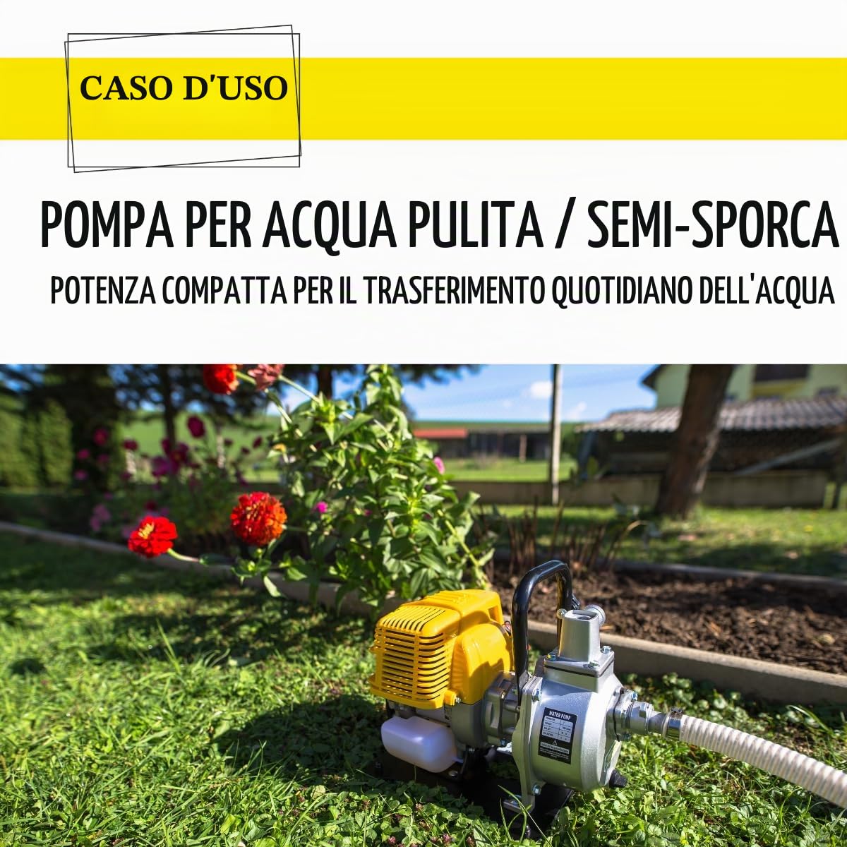 Pompa Acqua a Benzina 7500 L/h, Motopompa per Acqua Pulita con Prevalenza 35 m e Aspirazione 8,5 m, Motore 4 Tempi 1 HP, Pompa Portatile per Irrigazione Giardino e Svuotamento Cantine – Waspper PC107