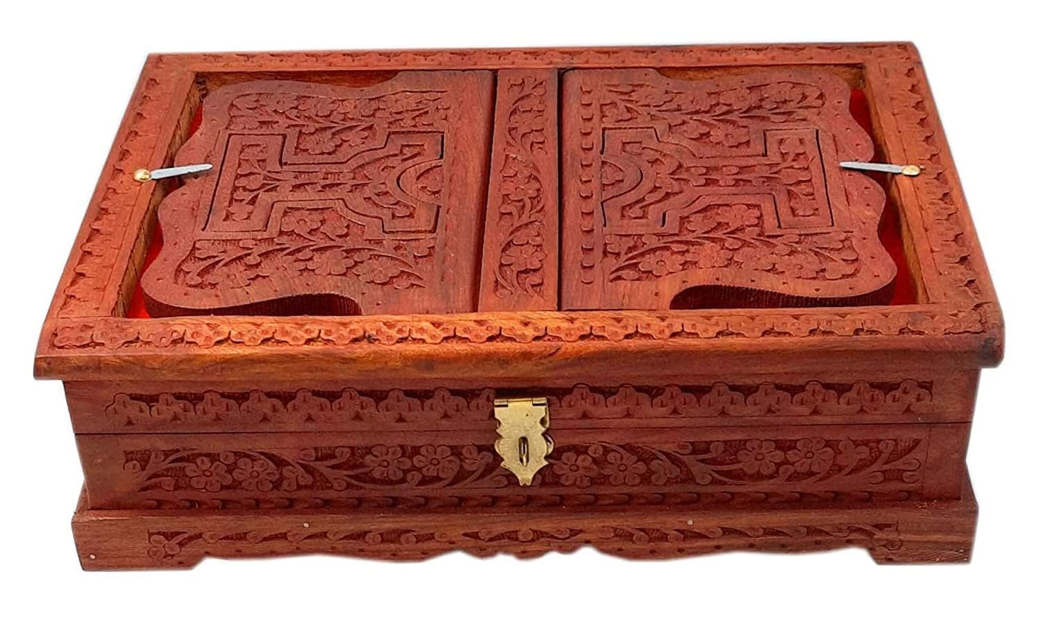 Hand Carved Wooden Quran Rehal Folding Book Stand with Storage Box | Floral Carved Design, Brass Lock Closure, Red Interior Lining, Artisan Woodwork, Prayer Room Decor-image-26