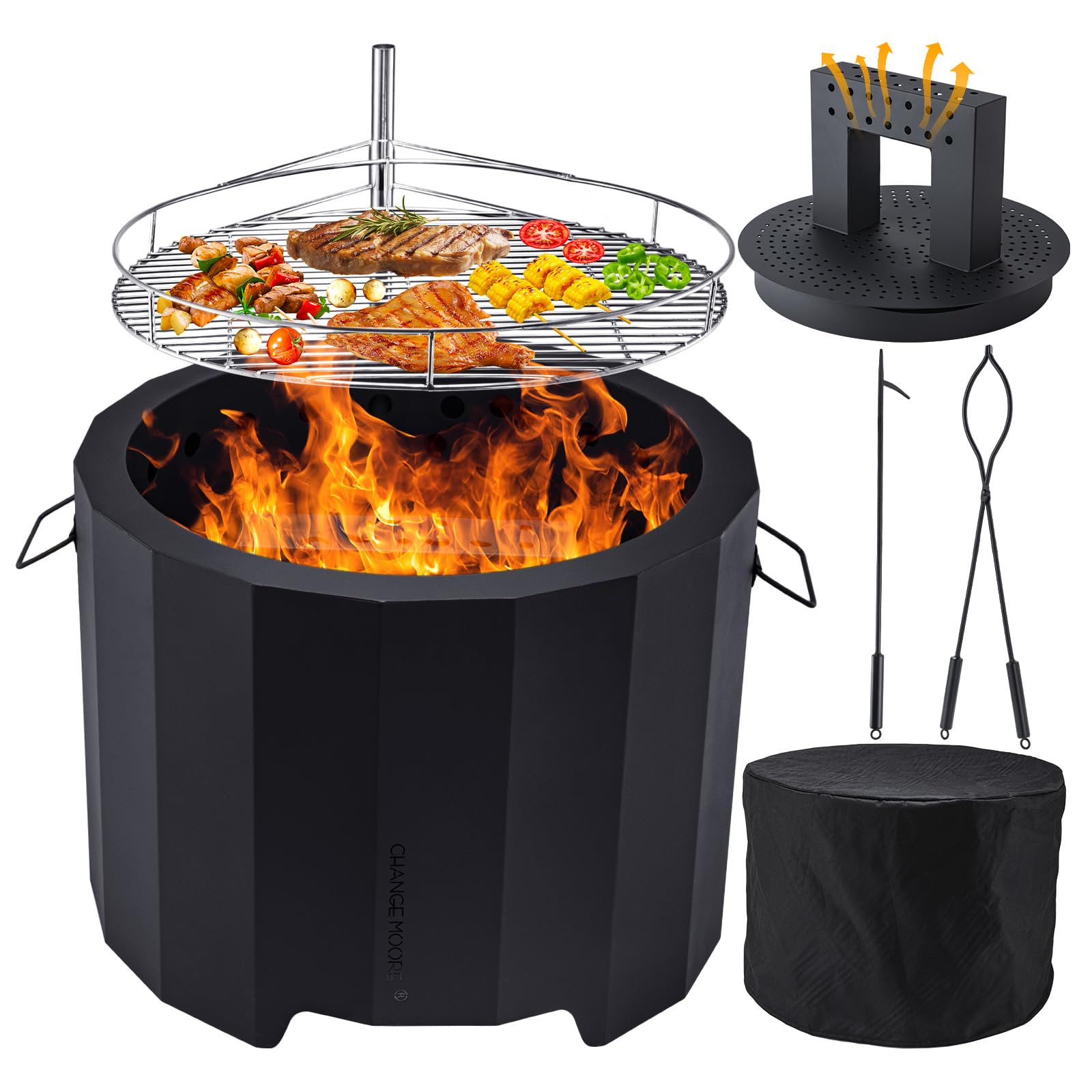 CHANGEMOORE Rauchfreie Feuerschale 50 cm, dreifache Verbrennung, Grill | Für den Außenbereich, mit abnehmbarem Aschebehälter, Feuerstellenabdeckung und Schürhakenset