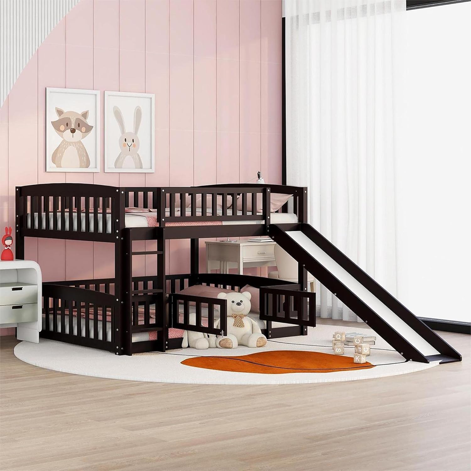 Full Over Full Bunk Bed with Fence Door, Slide, and Ladder - Bunk Bed for Family, Kids, Teens, No Box Spring Needed