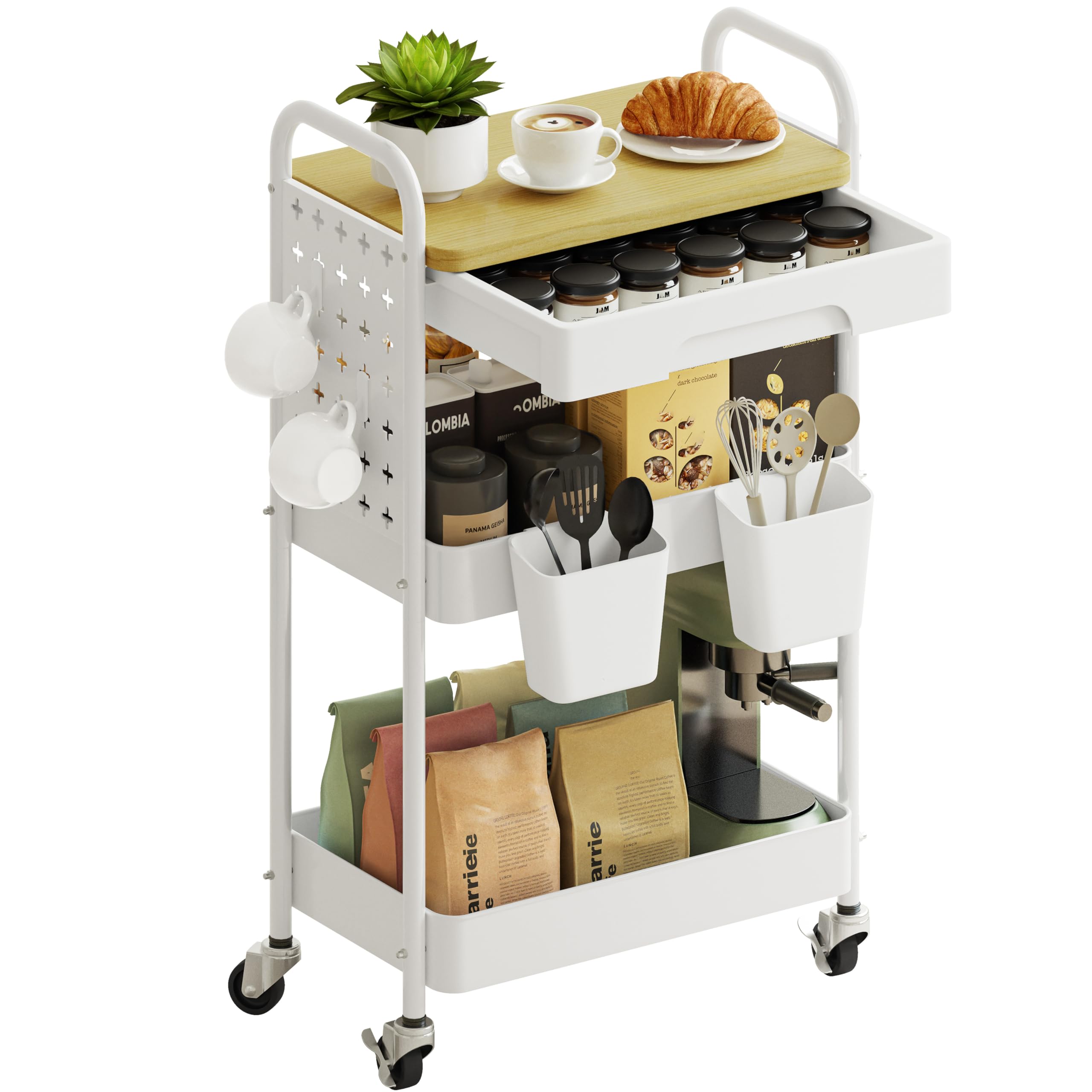kitchen Storage Trolley on Wheels - 3 Tier Rolling Cart Unit Bathroom Slim with Table Top - Metal Trolly on Wheel with Drawers - White Wheeled Storage Rack Utility Cart for Craft Vegetable Beauty Book