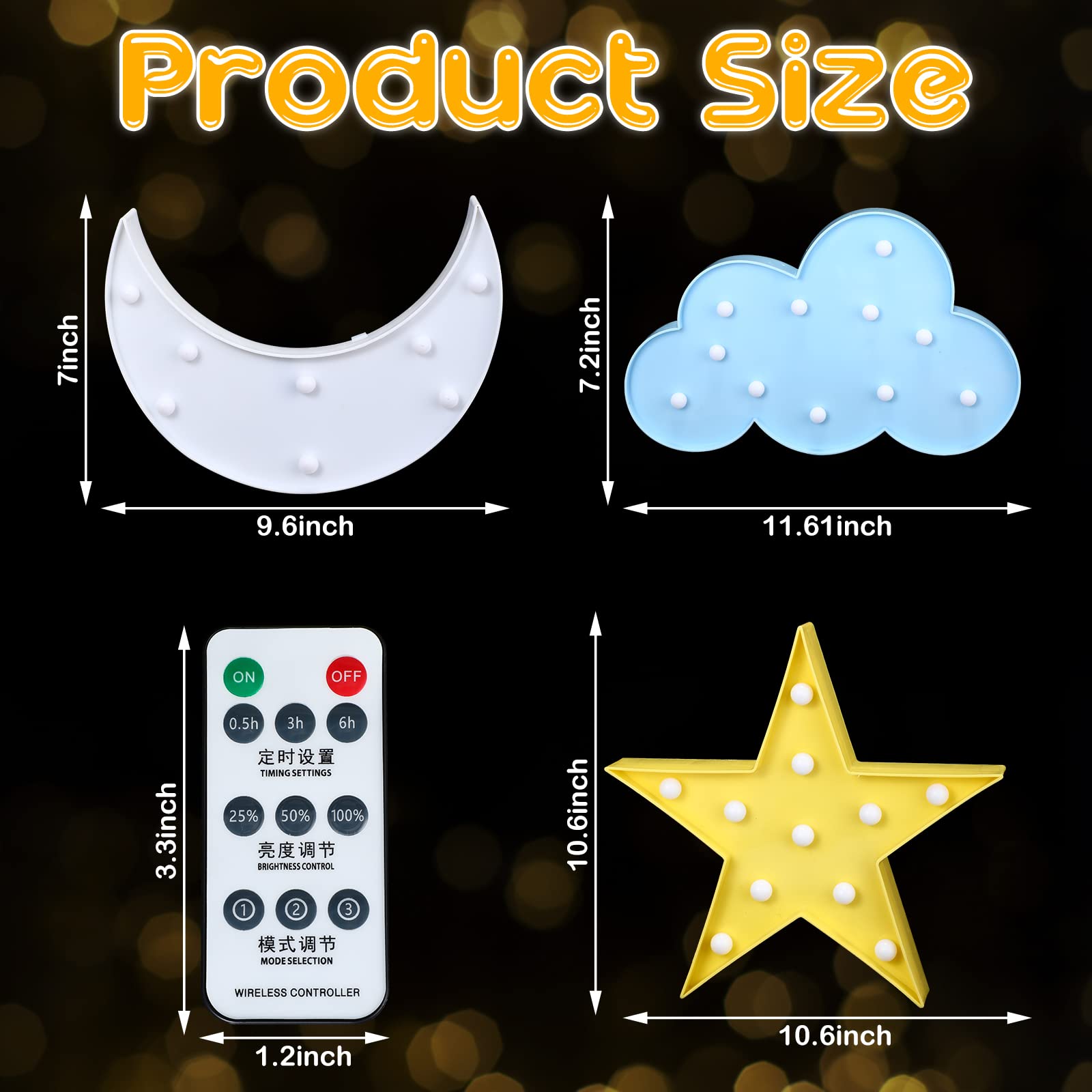 Coume 3 Pcs Decorative LED Night Lights 3D Crescent Moon Star Cloud Night Lights Remote Control Room Lights for Birthday Party Holiday Baby Room Nursery Decoration(Blue)
