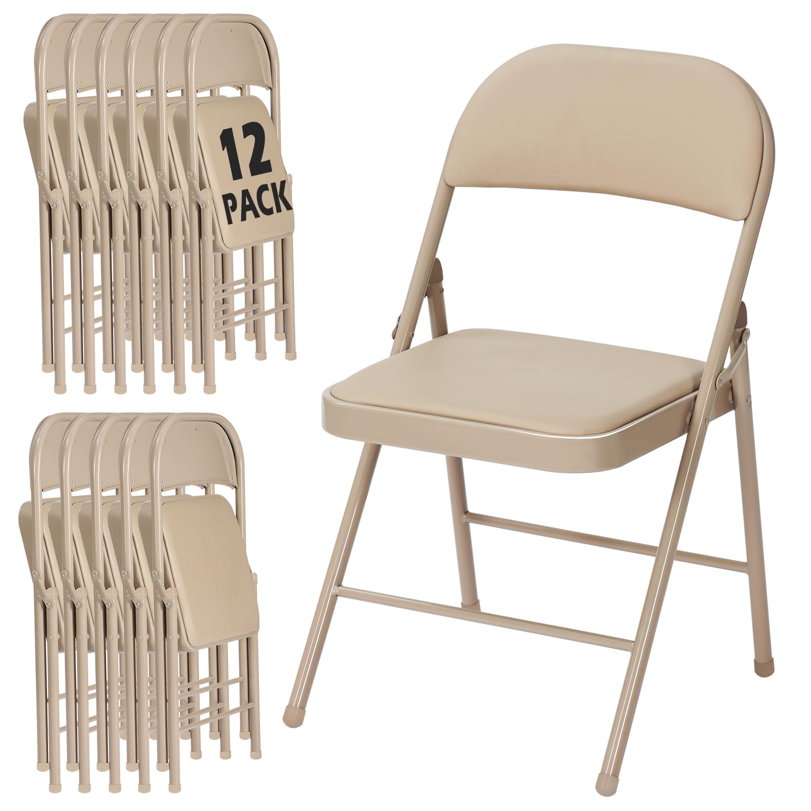 12 Pack Khaki Padded Folding Chairs with Metal Frame