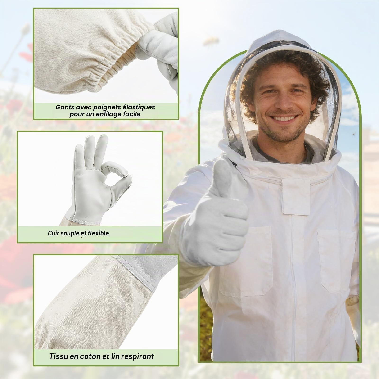 Combinaison d'apiculture - Vêtement de protection complet avec voile, capuche, gants, protection pour le jardin et l'apiculture (XXL)