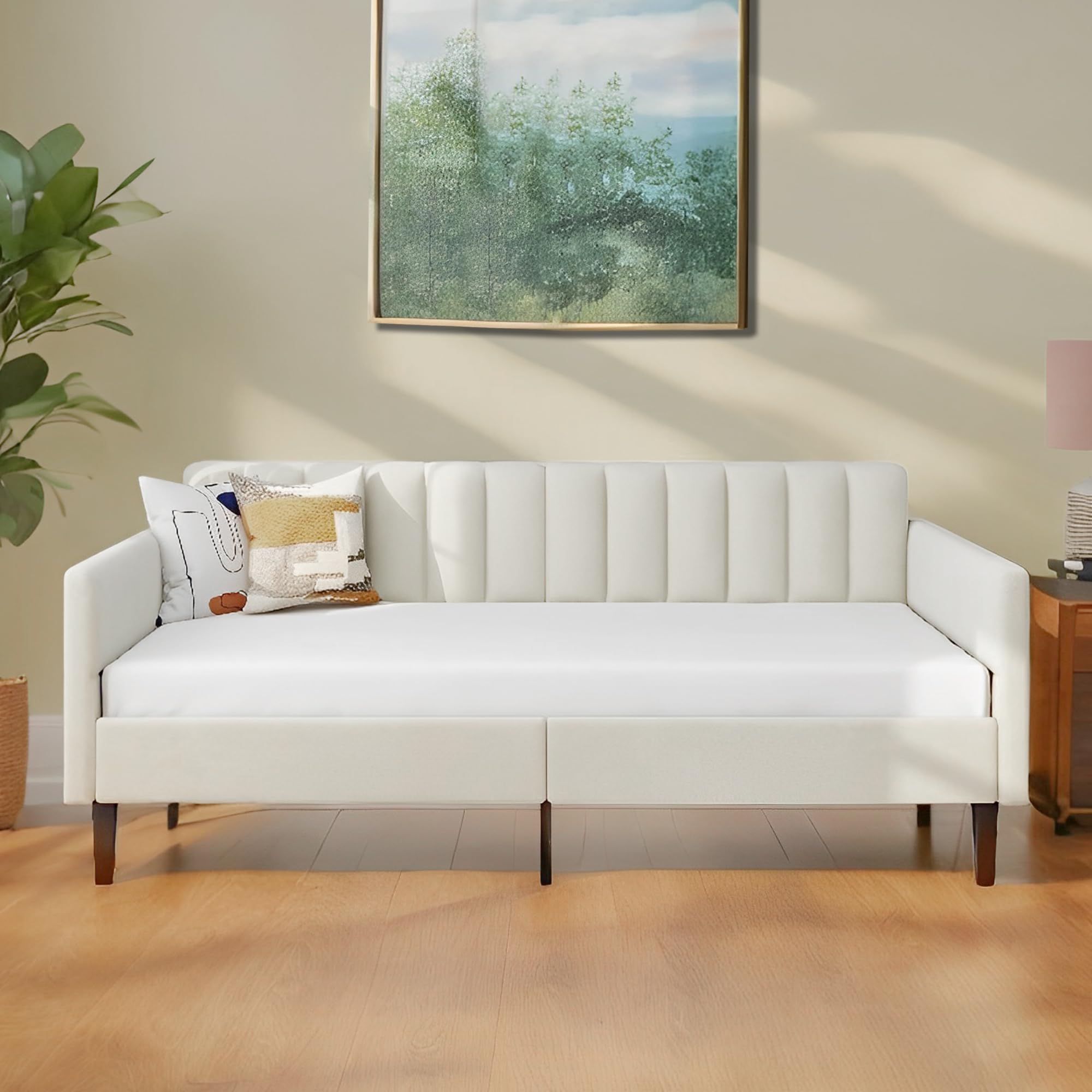 Cesgyfut Twin Daybed with Ribbed Tufted Backrest, Upholstered Daybed Frame with Wood Slat Support, Tufted Sofa Bed for Bedroom, Living Room, Guest