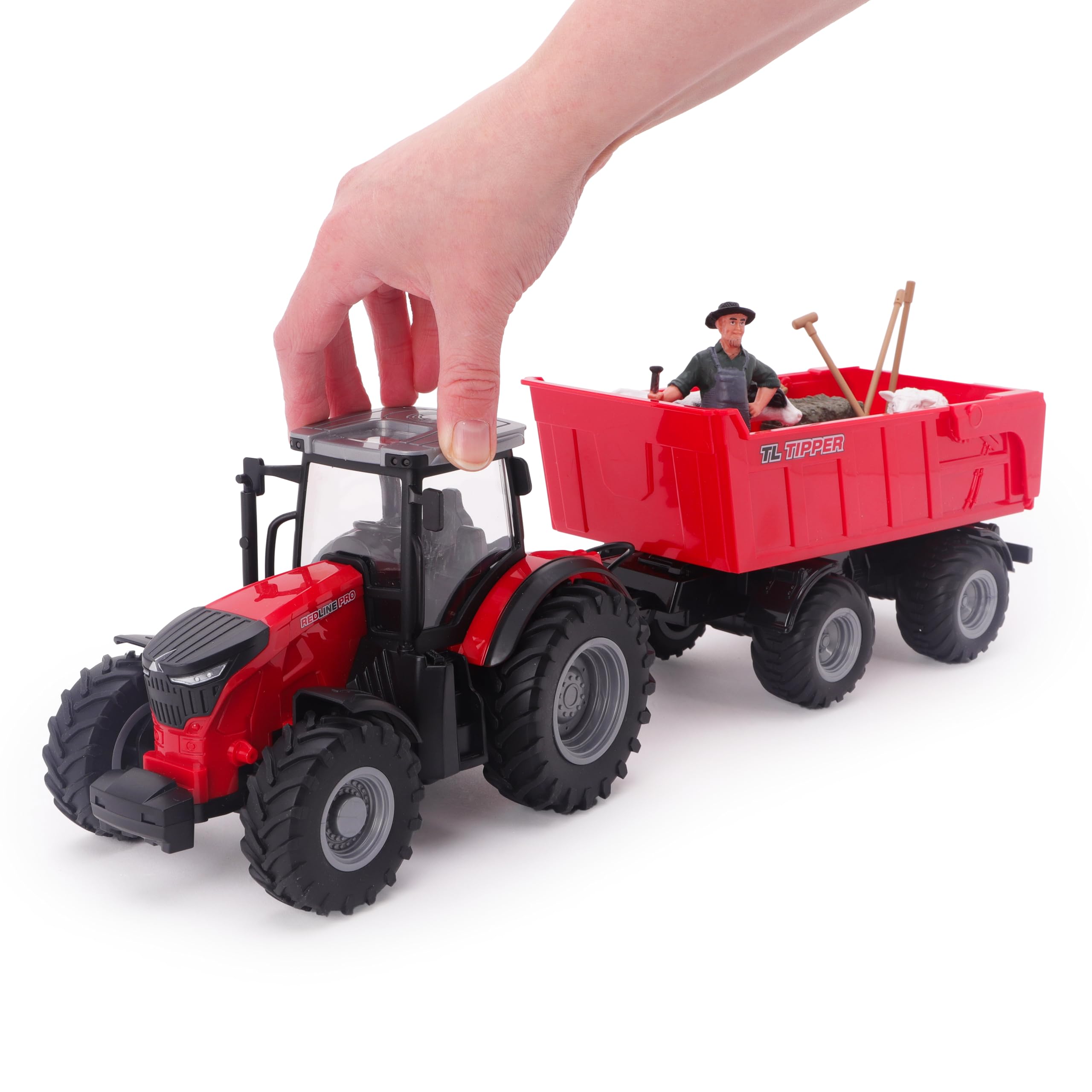 Toyland® 1:24 Tracteur Rouge télécommandé avec Chargeur Frontal, remorque basculante motorisée et Accessoires - de Jeu avec lumières Chargement USB - Batterie Rechargeable Incluse - Véhicule de Ferme