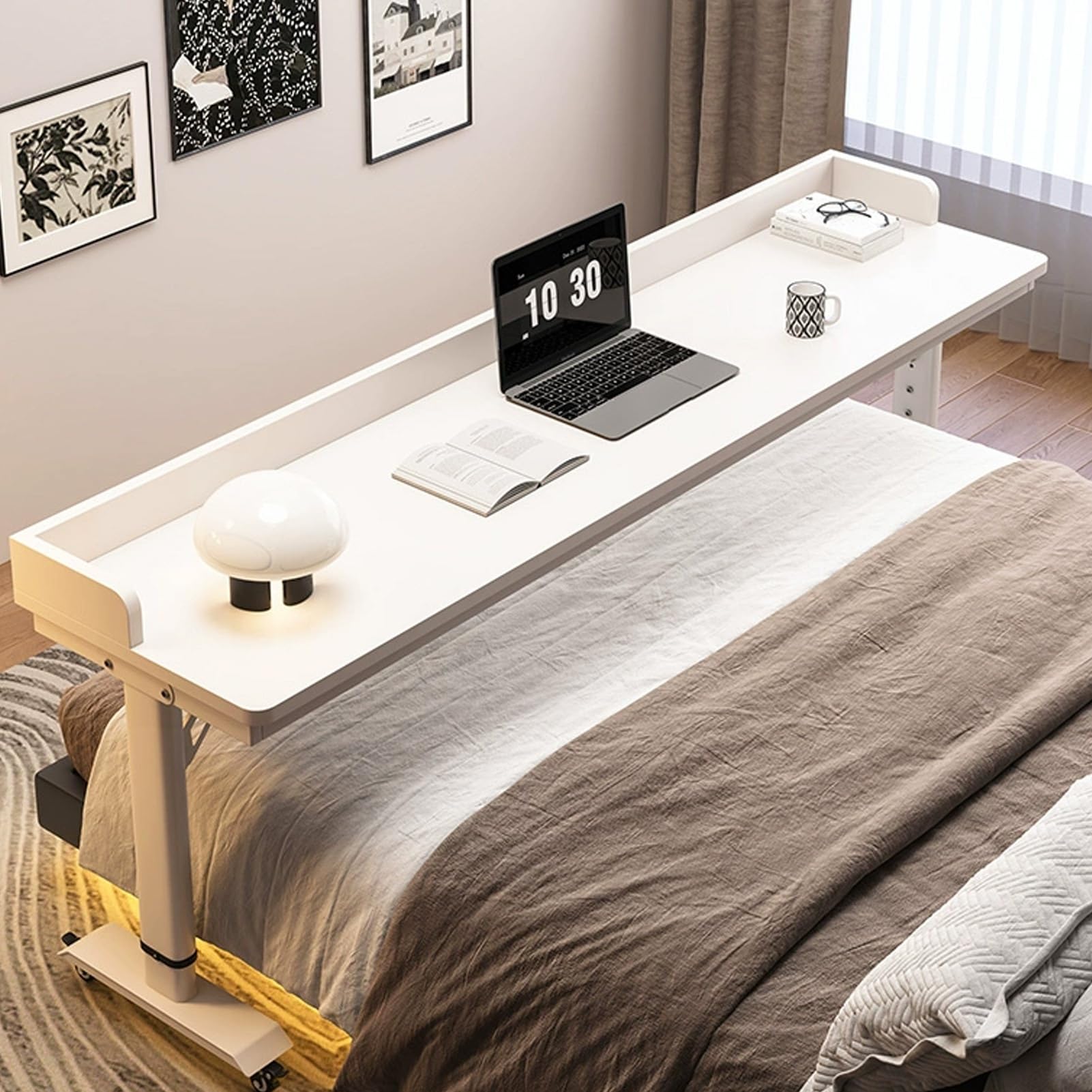 Regulacją Wysokości Stolik Przyłóżkowy na Kółkach, Mobilne Biurko Pod Laptopa, Stolik Roboczy nad Łóżko z Przegrodami, Biurko Komputerowe do Sypialni(Wit,240cm/94.4in)