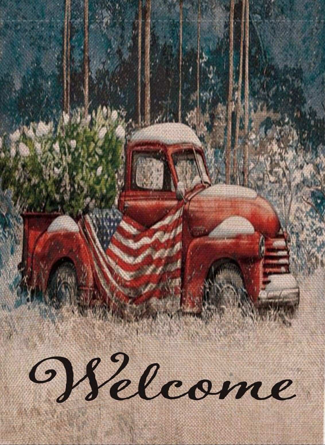 Selmad Home Decorative Welcome Christmas Garden Flag Red Truck Double Sided, USA Patriotic Rustic Quote House Yard Flag Xmas Pickup, Outside Winter Holiday Decorations, Seasonal Outdoor Flag 12 x 18
