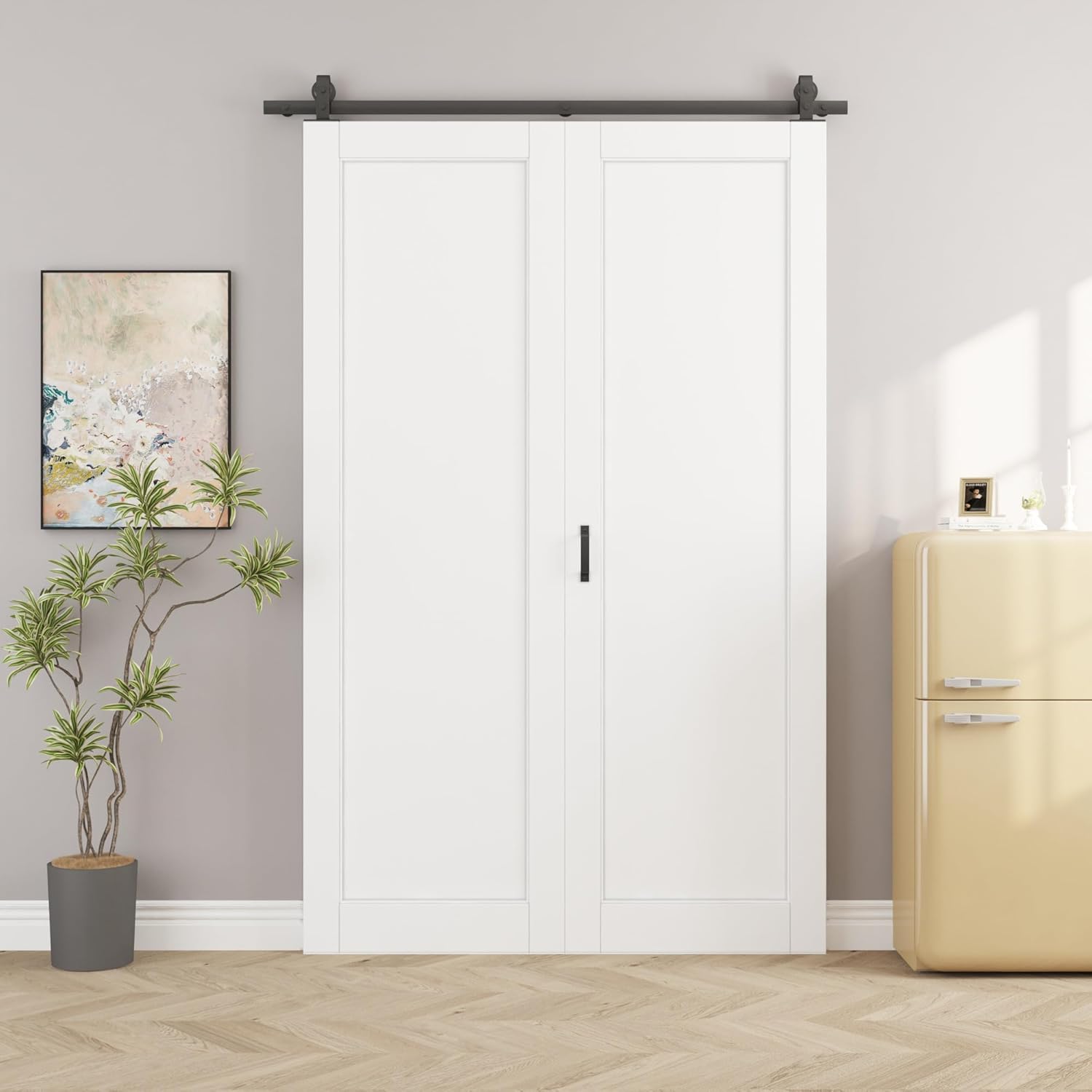 60" x 96" Pre-Assambled Bifold Barn Door with 64" Track Hardware Kit Included, Solid Core 1-Lite MDF Panel Bi Fold Barn Doors, Sliding Closet Door with Excellent Sound Insolution, Easy to Install