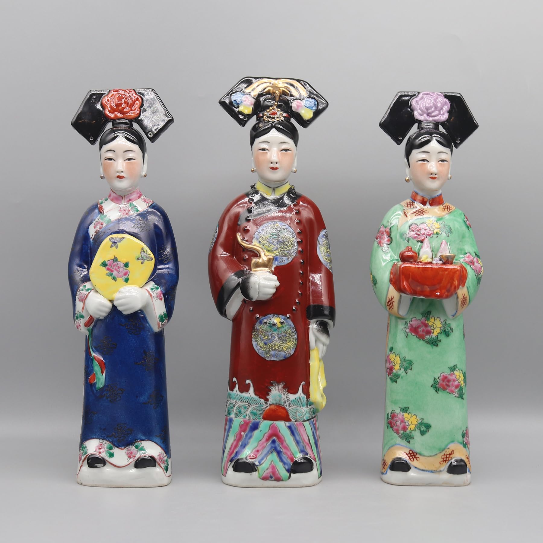 Eastern Tide Green, Red And Blue Traditional Chinese Porcelain Figurine Set, Hand-Painted Decorative Statues For Empress And Princesses, 32 Cm Height, Set Of 3