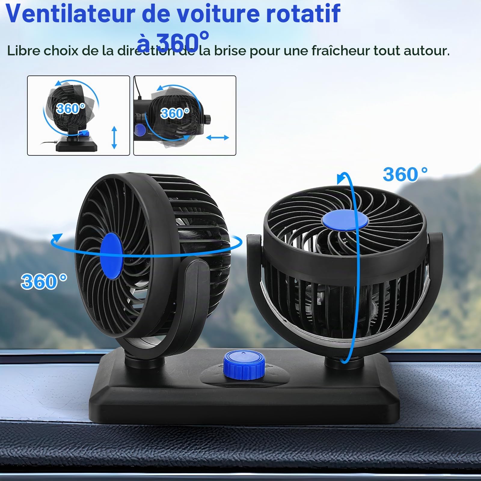 Ventilateur de refroidissement portable pour voiture, ventilateur de voiture 12V/24V, ventilateur de tête double avec ventilateur de refroidissement réglable à 2 vitesses (12V bleu)
