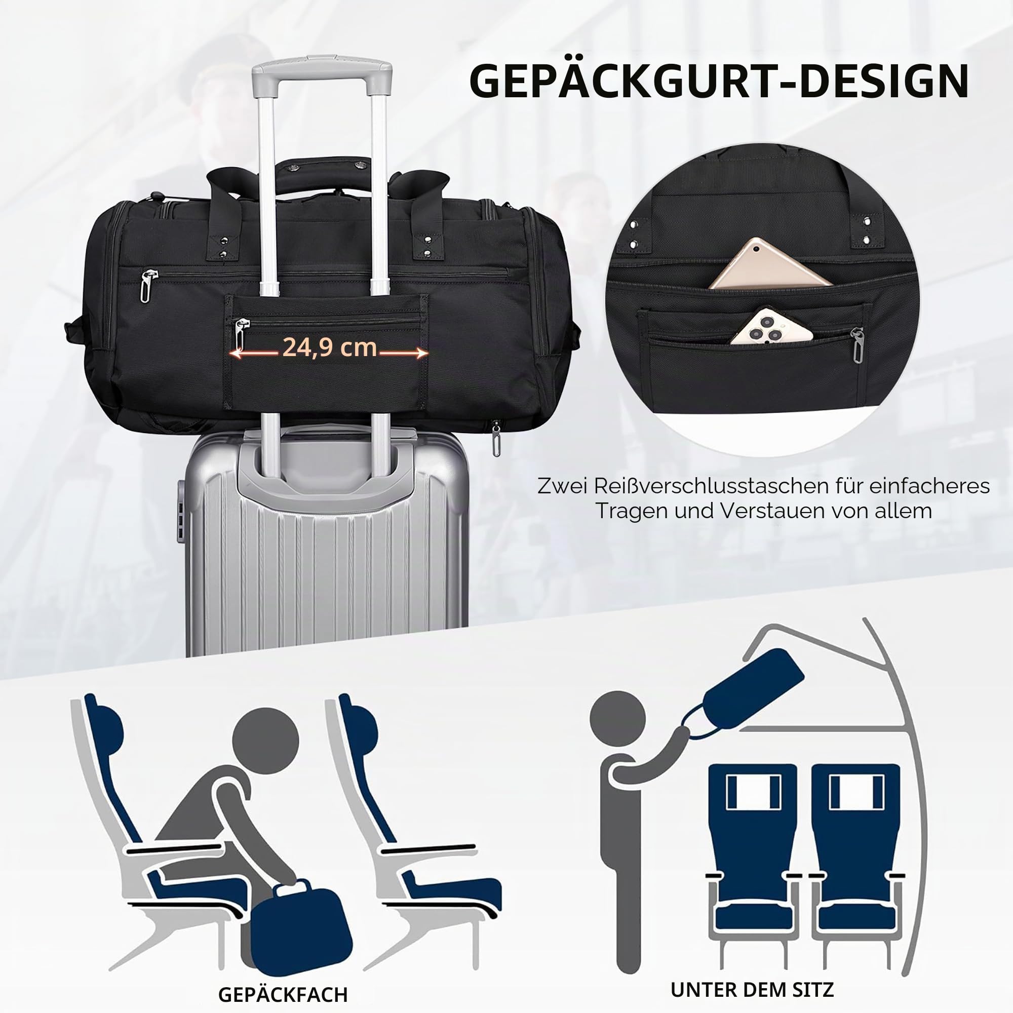 WITZMAN Reisetasche Herren 45L Sporttasche groß mit Schuhfach Duffle Bag 3 in 1 Travel Gym Trainingstasche Herren Damen（B693 Schwarz