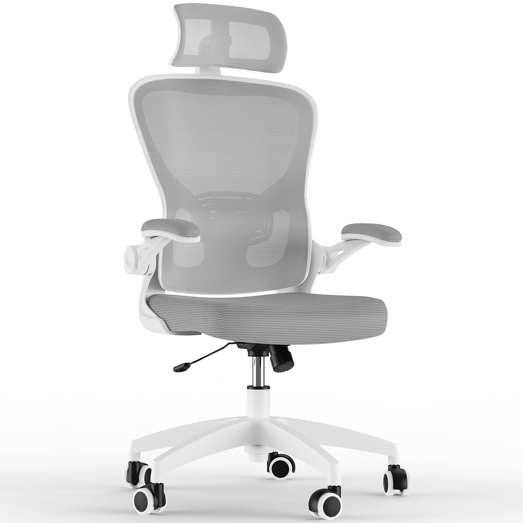 Feonase Ergonomic Office Chair with Adjustable Headrest and Lumbar Support, Mesh Back, Flip-up Armrests and Rocking Function – Swivel Desk Chair for Home Office, Study, Gaming, Grey/White