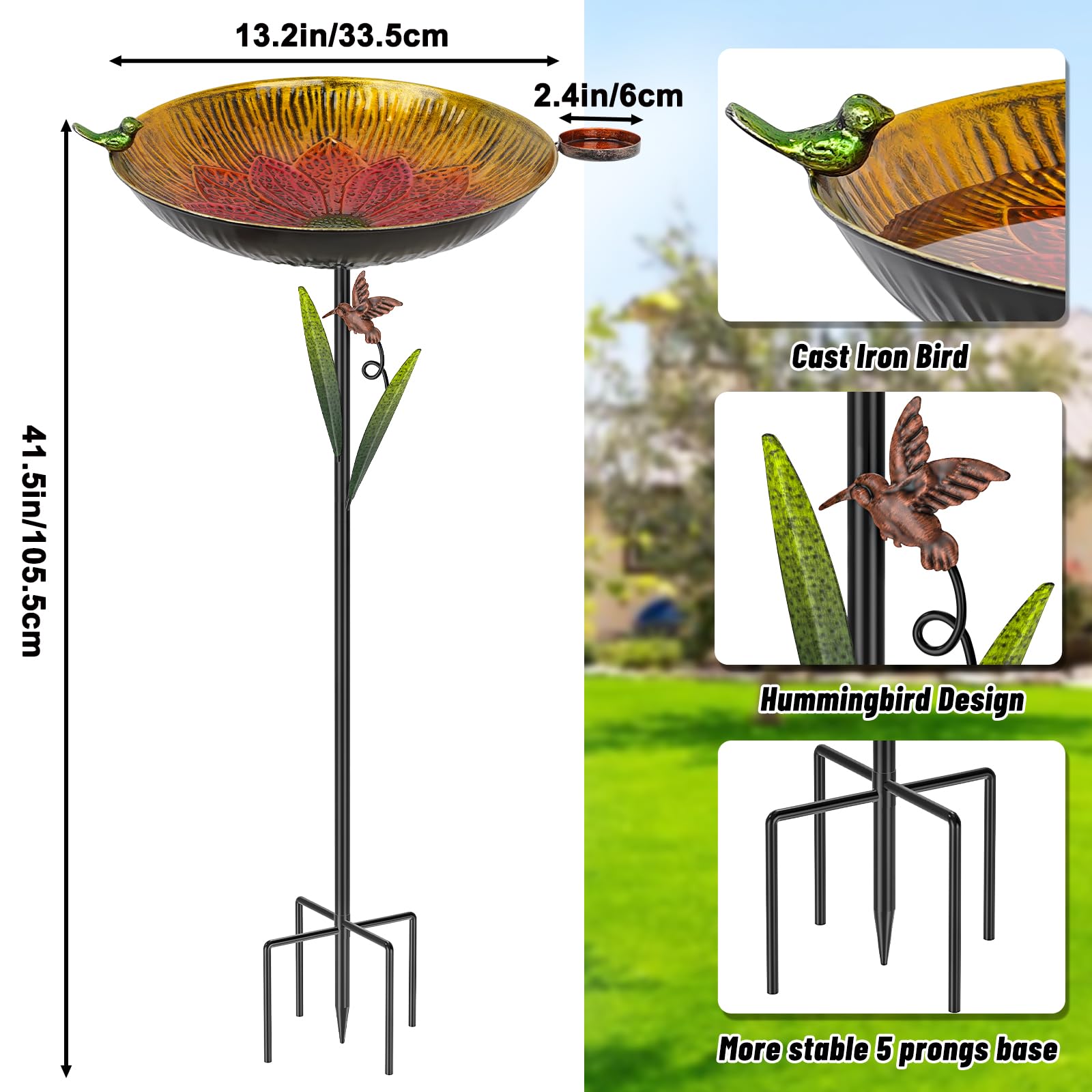 Baño de metal para pájaros para exteriores, fácil de limpiar, con cuenco extraíble, estaca estable, comedero para pájaros, para exteriores, jardín, patio, decoración de césped (rojo +