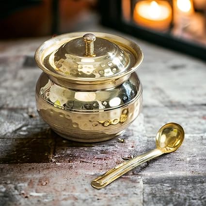 MERCHANT ANTIQUES Pure Brass Ghee Pot with A Lid and Spoon