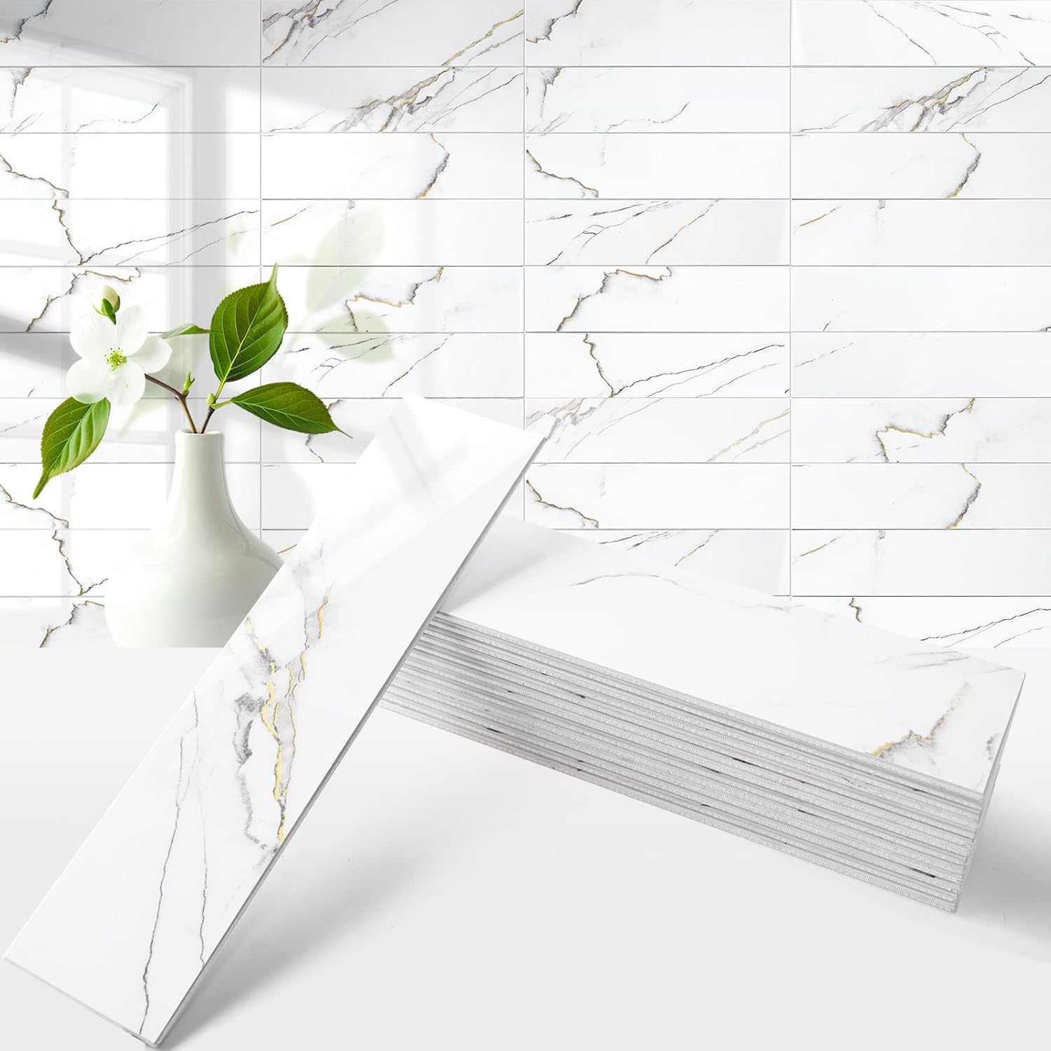 80-Piece Glossy Calacatta Gold Marble Thick PVC Peel and Stick Backsplash, 2" x 8" Waterproof Subway Tile Peel and Stick Wall Tiles for Kitchen and Bathroom