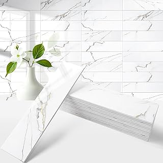 80-Piece Glossy Calacatta Gold Marble Thick PVC Peel and Stick Backsplash, 2" x 8" Waterproof Subway Tile Peel and Stick Wall Tiles for Kitchen and Bathroom