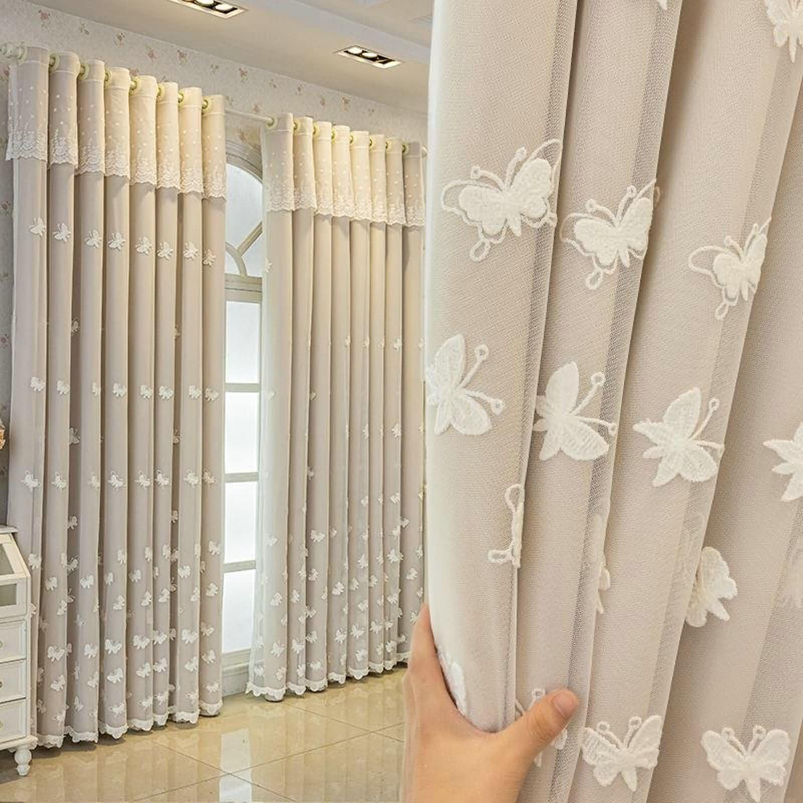 Tende Interno con Occhielli, 2 x 102W x 160H CM,Tende Salotto Oscuranti Due Pannelli Doppio Strato con Ricamo a Farfalla Tenda Moderne Beige