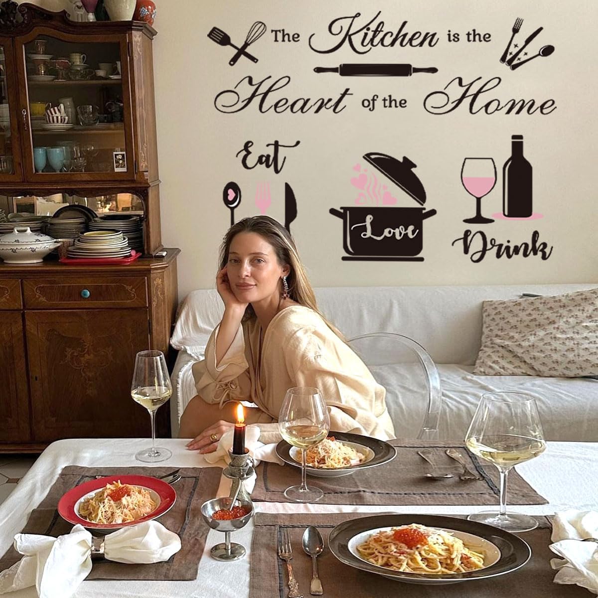 Inspirational Peel and Stick Kitchen Wall Stickers, The Kitchen is The Heart of The Home Quote Decals with Utensil Patterns, Removable DIY Kitchen Decor for Kitchen & Dining Room Decor（Pink）