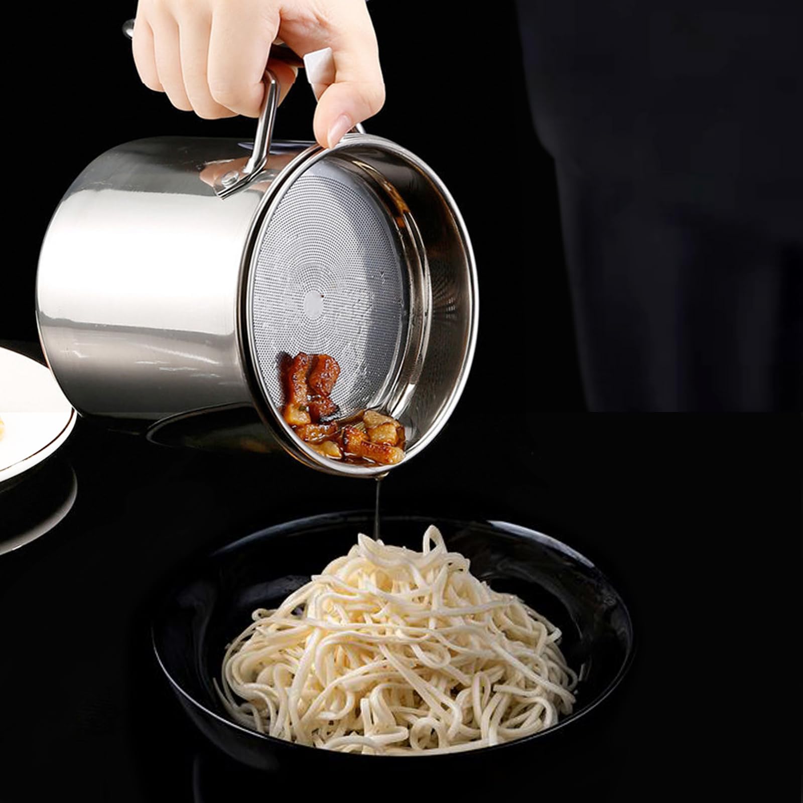 Bacon - Contenitore per grasso con colino, filtro per grasso da 1,3 l e contenitore con coperchio antipolvere, filtro dell'olio in acciaio inossidabile 304 con rete fine, 1,3 l