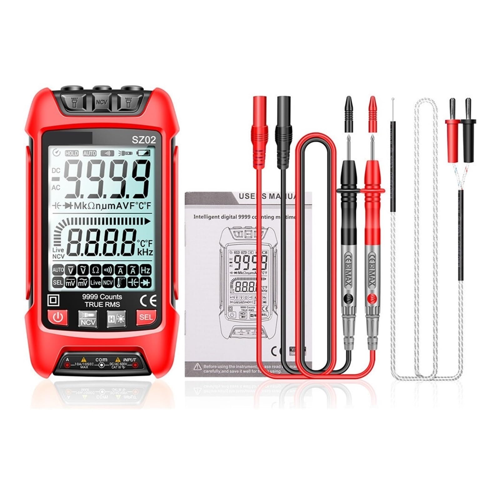 Multímetro Digital Transistor Probadores Inteligentes 9999 Cuenta Verdadero Medidor De Capacitancia Eléctrica Automática Resistencia A La Temperatura Lectura Rápida Precisa Sencilla(SZ02 Red)