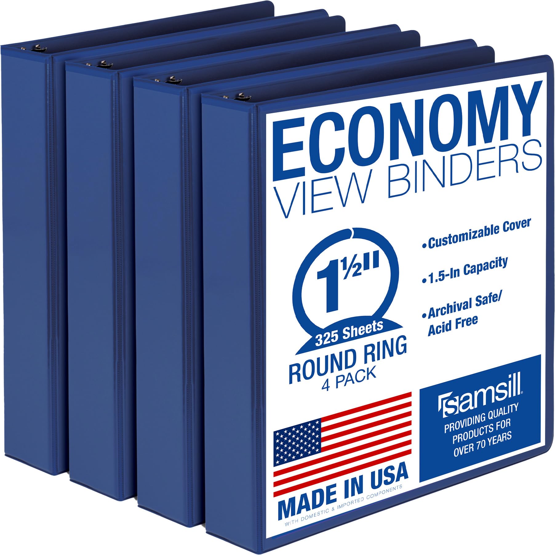 Samsill 1.5 Inch 3 Ring Binders, Made in USA, Economy Round Ring, Clear View Cover, 325 Sheet Capacity - for School, Home, Office - Blue, 4 Pack