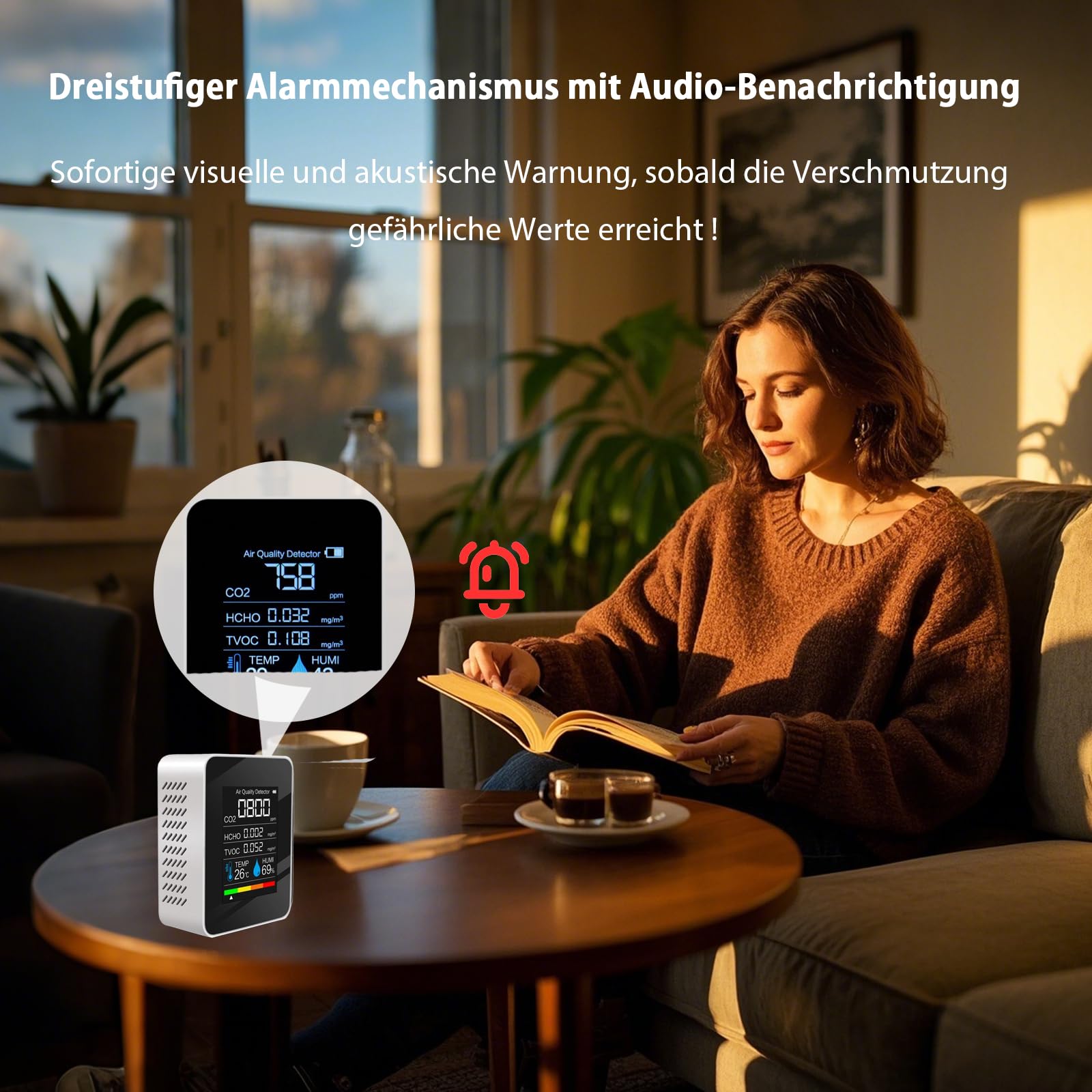 Professioneller Luftqualitätsmessgerät CO₂ – 5-in-1 Luftqualitätsmonitor für Innenräume,präziser CO₂ Messgerät zur Messung von CO2,HCHO, TVOC,Temperatur & Luftfeuchtigkeit,ideal für Zuhause, Büro