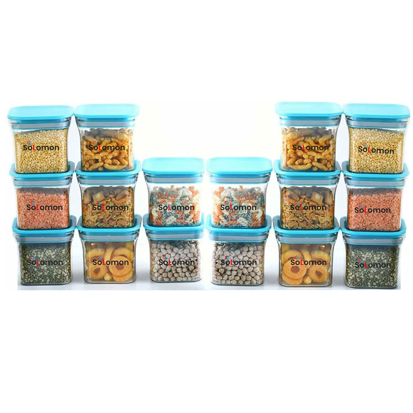 Solomon Plastic Kitchen Fridge Container Transparent Jar Airtight Food Grade Quality Product Used for Daily Storage Spices Dryfuit Tea Salt 600ml (Pack of 16 Blue)