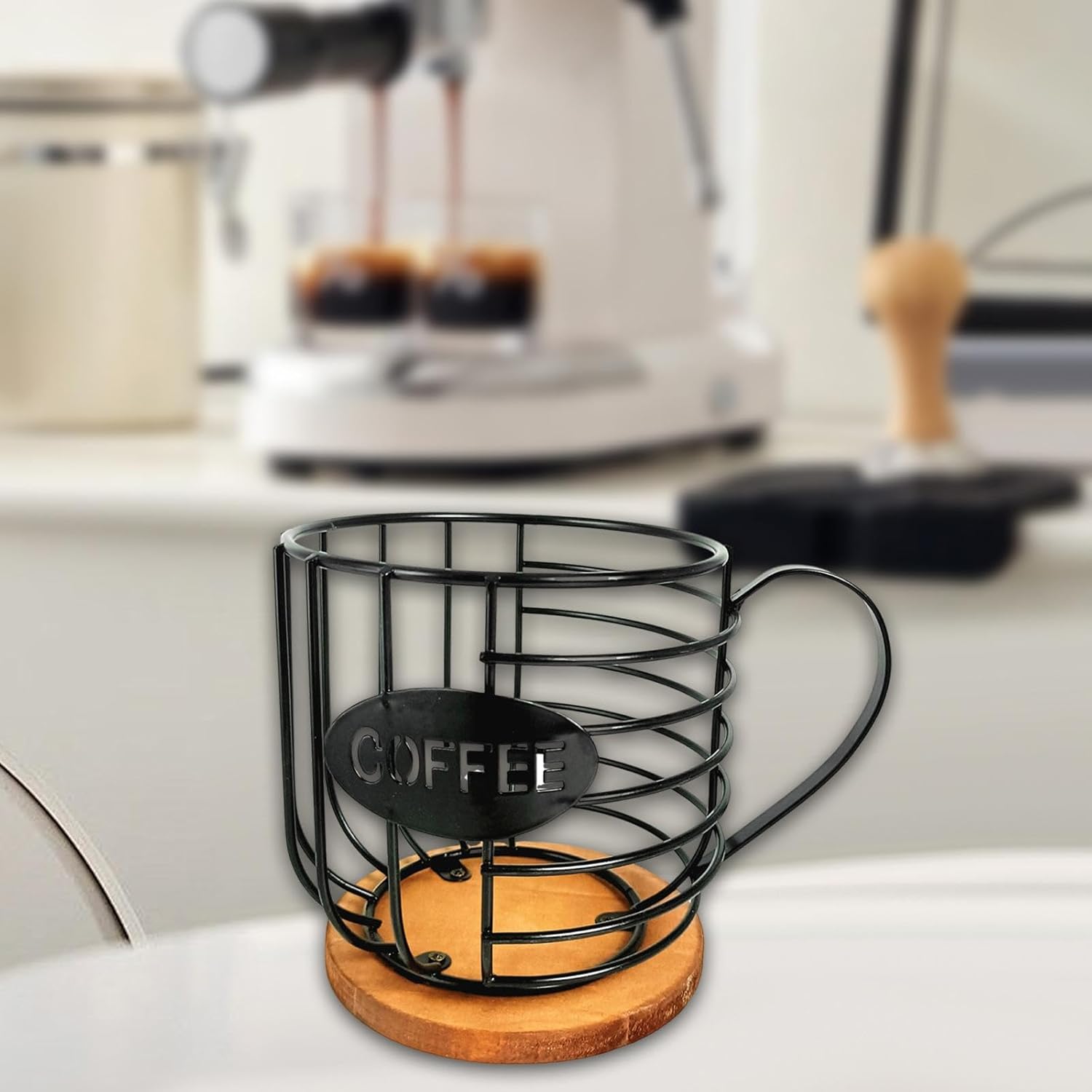 Coffee Pod Holder Organizer Coffee Bar Accessories Iron Coffee Pod Basket with Wooden Base for Home Family Hotel Kitchen Cafe, Black