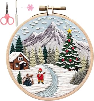 Christmas Embroidery Starter Kits,DIY Embroidery Needlepoint Supplies Kit for Adults Beginners,Handmade Sewing Craft Set,Christmas Holiday Embroidery Set with Prints, Threads, Needles, Hoop #E