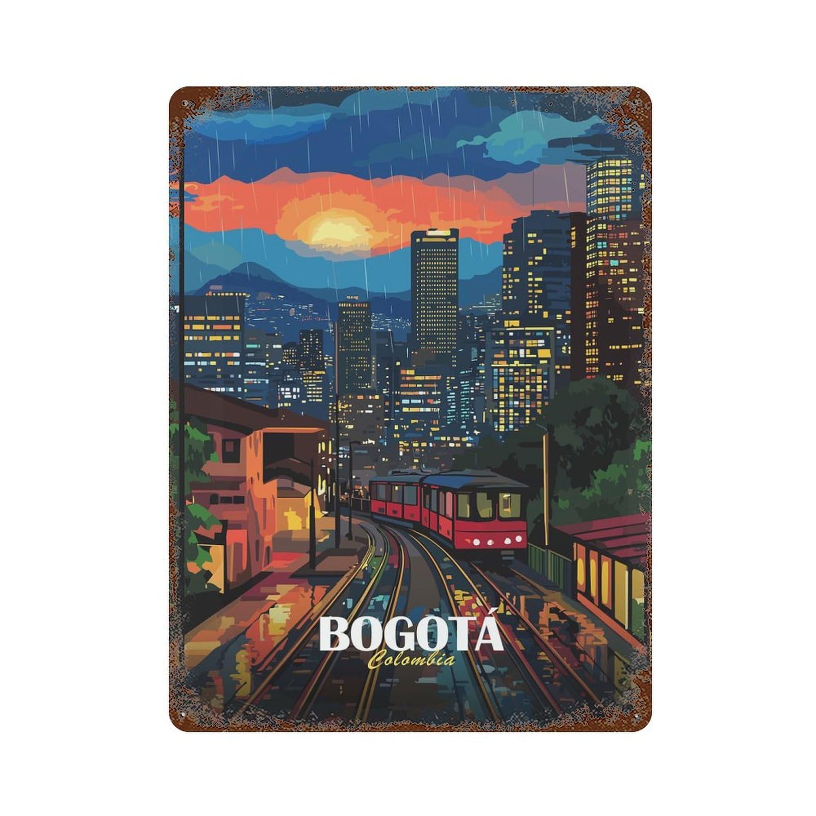 Vintage Rust Metal Sign with Bogota Colombia Cityscape Rainy Night Design 15.7"x11.8", for Patio, Garden Room And Bar Decor, Old School Wall Decor