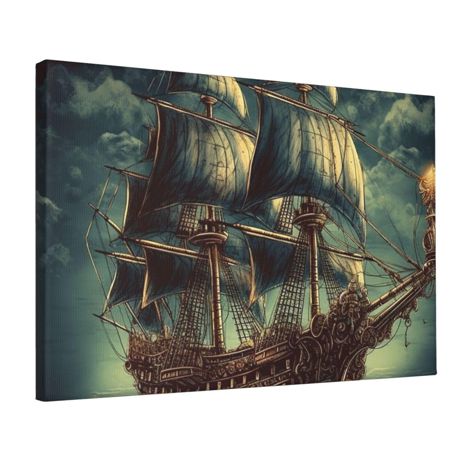 Fodpand Nautical Vintage Sailing Pirate Ship Unframed Canvas Wall Art,Modern Posters Print Wall Decor Canvas Oil Painting For Bedroom Living Room Bathroom Wall Hanging Artwork Ready To Hang 12"X18"