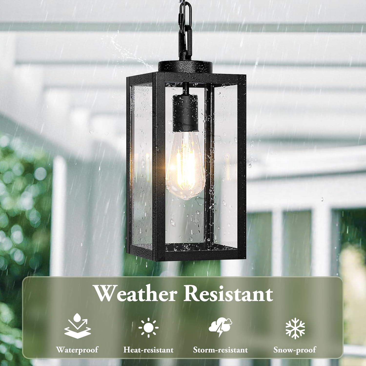 BesLowe 1-Pack Outdoor Pendant Light, 13” Modern Hanging Lantern Light for Outside, Black Exterior Pendant Lighting Fixture with Adjustable Chain, Outdoor Chandelier for Porch, Gazebo, Front Door