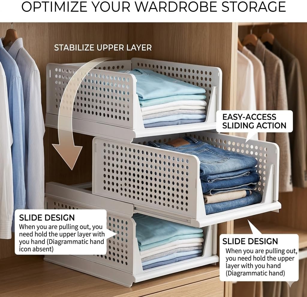 6 Pack Folding Stackable Wardrobe Drawer Storage Organiser