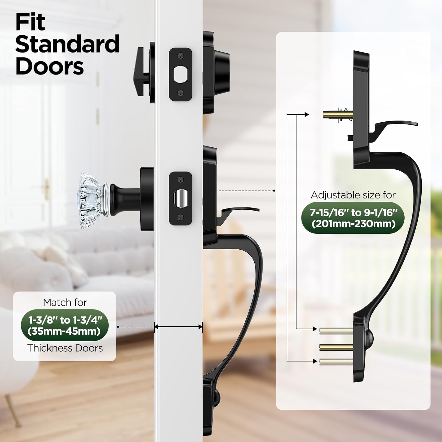 Black Front Door Handle and Deadbolt Set, Classic Front Door Lock Set with Crystal Glass Door Knob, Reversible Entry Door Handle for Right&Left Handed, Matte Black