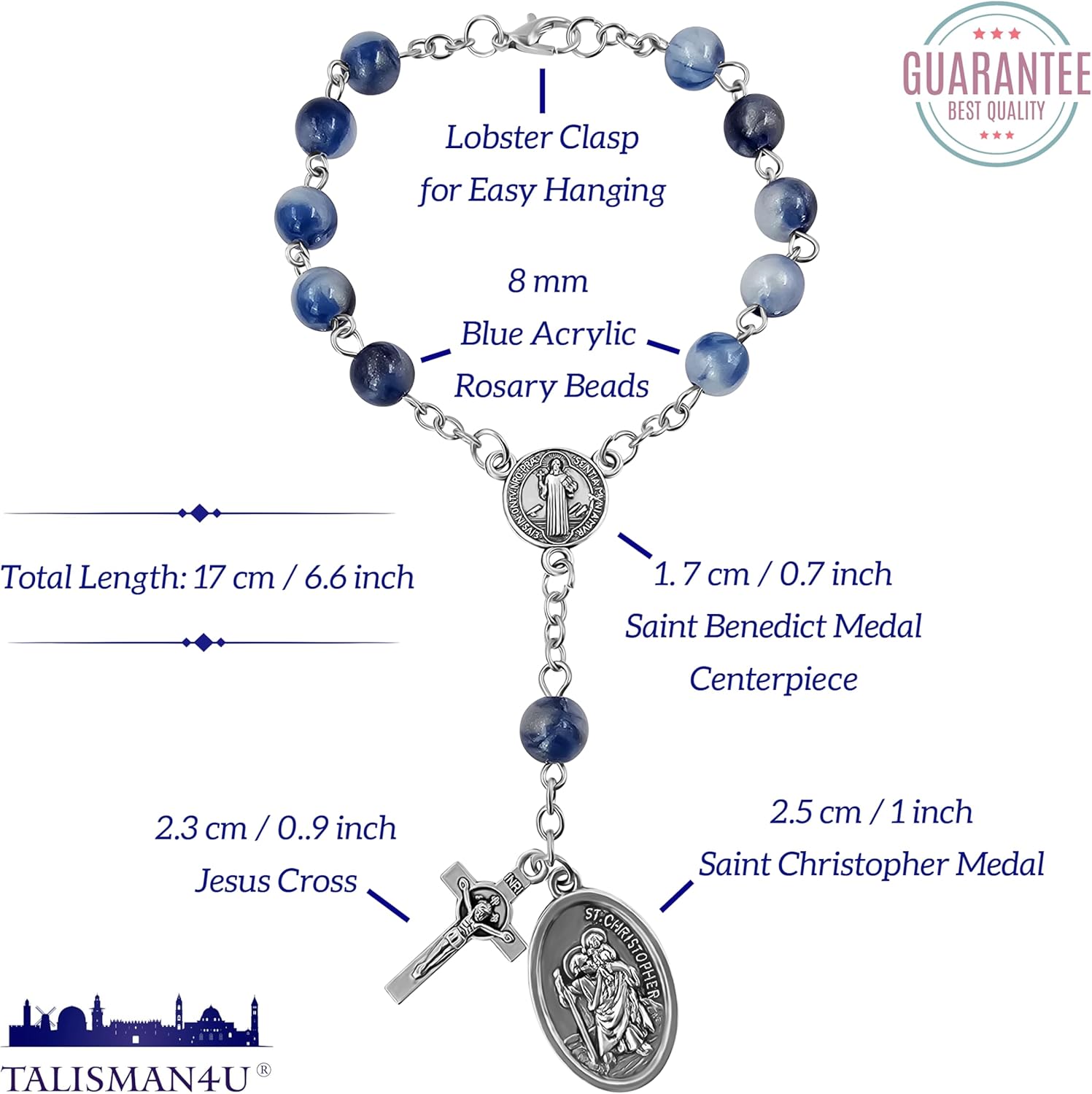 TALISMAN4U Saint Benedict One Decade Rosary for Car Rearview Mirror St Christopher Medal 8mm Glass Prayer Beads Catholic Evil Protection Auto Rosary Bracelet for Women Men - Image 2