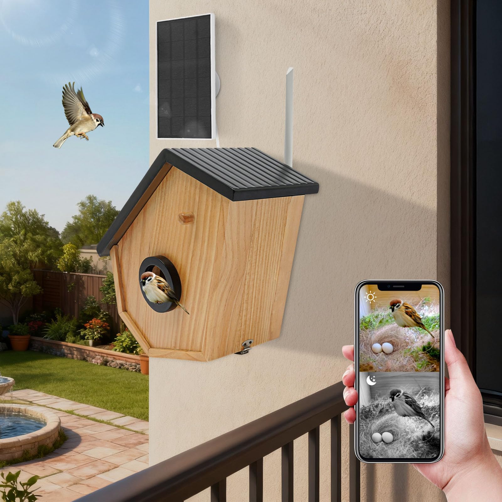 Pájaro inteligente con vigilancia interna, nido de pájaros con cámara solar con detección de IA, IP65 comedero para pájaros, caja nido, caja de observación de aves, modo de visión nocturna de